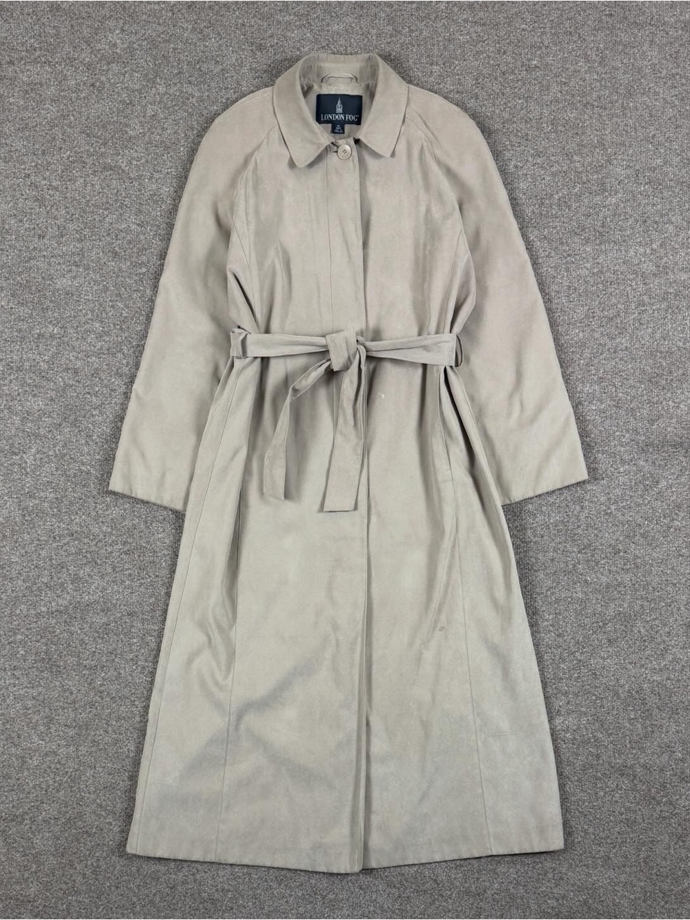 London Fog‎ Tan Microsuede Long Belted Trench Coat Women’s 10 Medium Lightweight